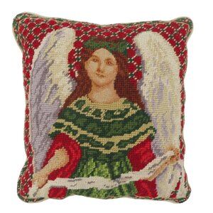 Wool Needlepoint Christmas Holiday Religious Angel 10.5in x 11.5in Pillow VTG